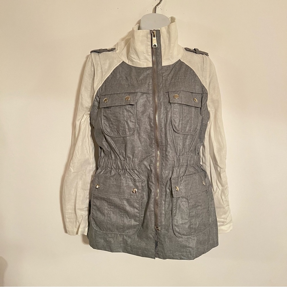 Luii  Full Zip 4 Front Snap Pocket Linen  Jacket Women Size L Gray / White